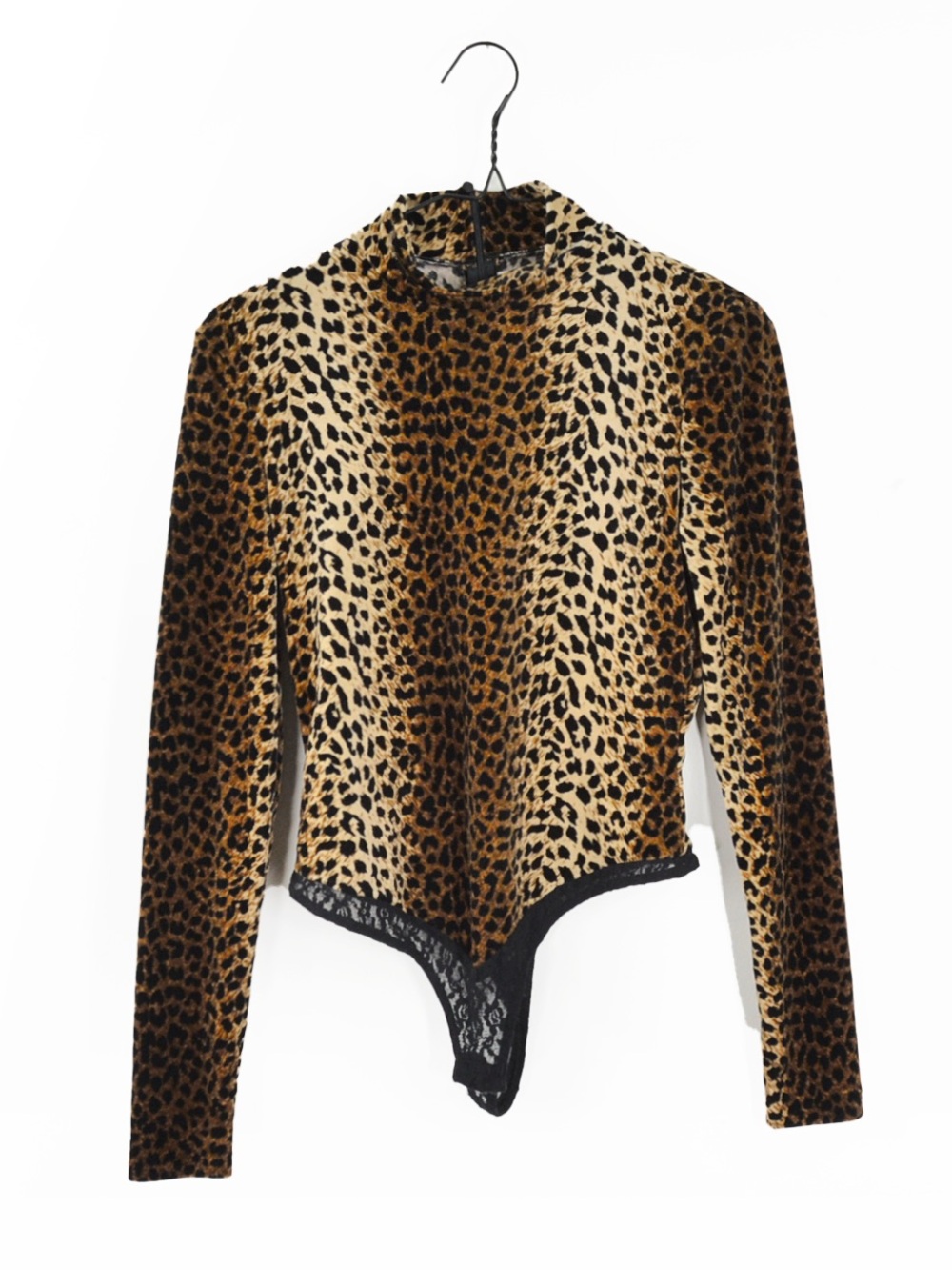 Vintage 80s 90s Cache Velvet Leopard Animal Print Black Lace Trim Bodysuit